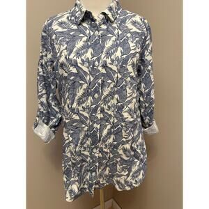 Morgan Taylor Linen Blend Button Front Tropical Shirt Navy/Cream Sz Large